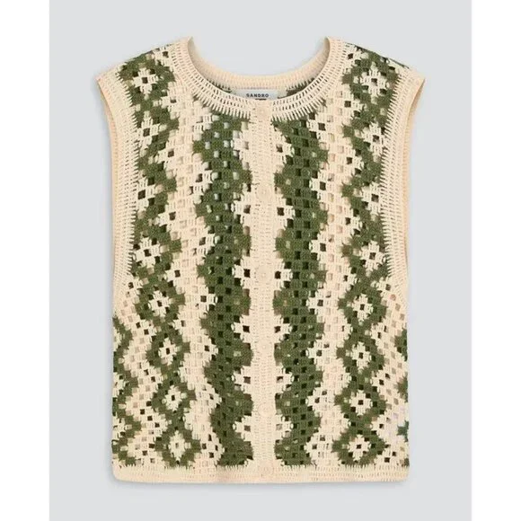 New Sandro Henrika Geo Crochet Vest Ecru Olive Large $295 - Picture 3 of 9